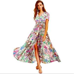 Button Up Floral Print Flowy Maxi Dress